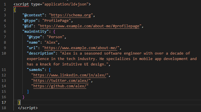 The "sameAs" property inside person schema markup